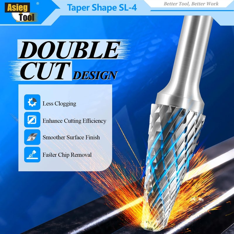 Asieg Tool SL-4 Tungsten Carbide Burr Rotary File Taper Shape with Radius End Double Cut with 1/4" Shank for Die Grinder Drill Bit - Image 4